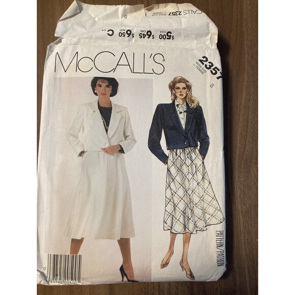 Mccall's Other - McCall's #2357 Misses Jacket Skirt 12 Vintage Sewing Pattern UNCUT 1986